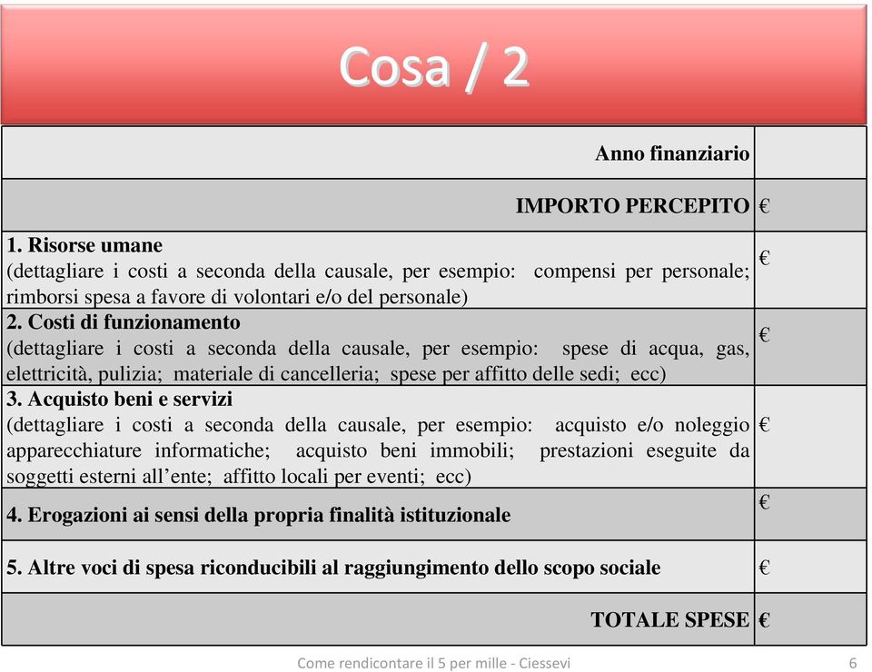 Costi di funzionamento (dettagliare i costi a seconda della causale, per esempio: spese di acqua, gas, elettricità, pulizia; materiale di cancelleria; spese per affitto delle sedi; ecc) 3.