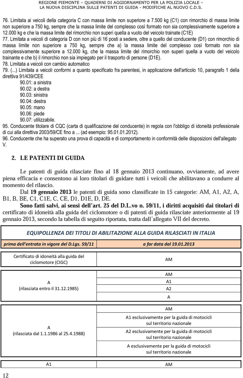 Dal 19 gennaio 2013 le patenti di guida sono classificate in 15 categorie: AM, A1, A2, A, B1, B, BE, C1, C1E, C, CE, D1, D1E, D, DE.