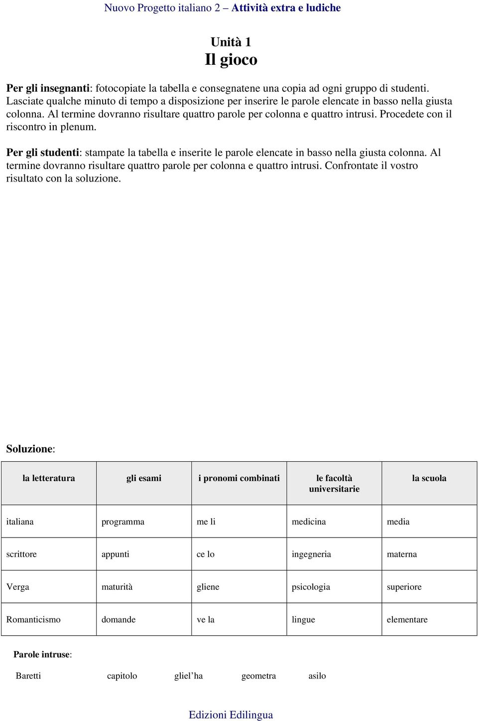 Procedete con il riscontro in plenum. Per gli studenti: stampate la tabella e inserite le parole elencate in basso nella giusta colonna.