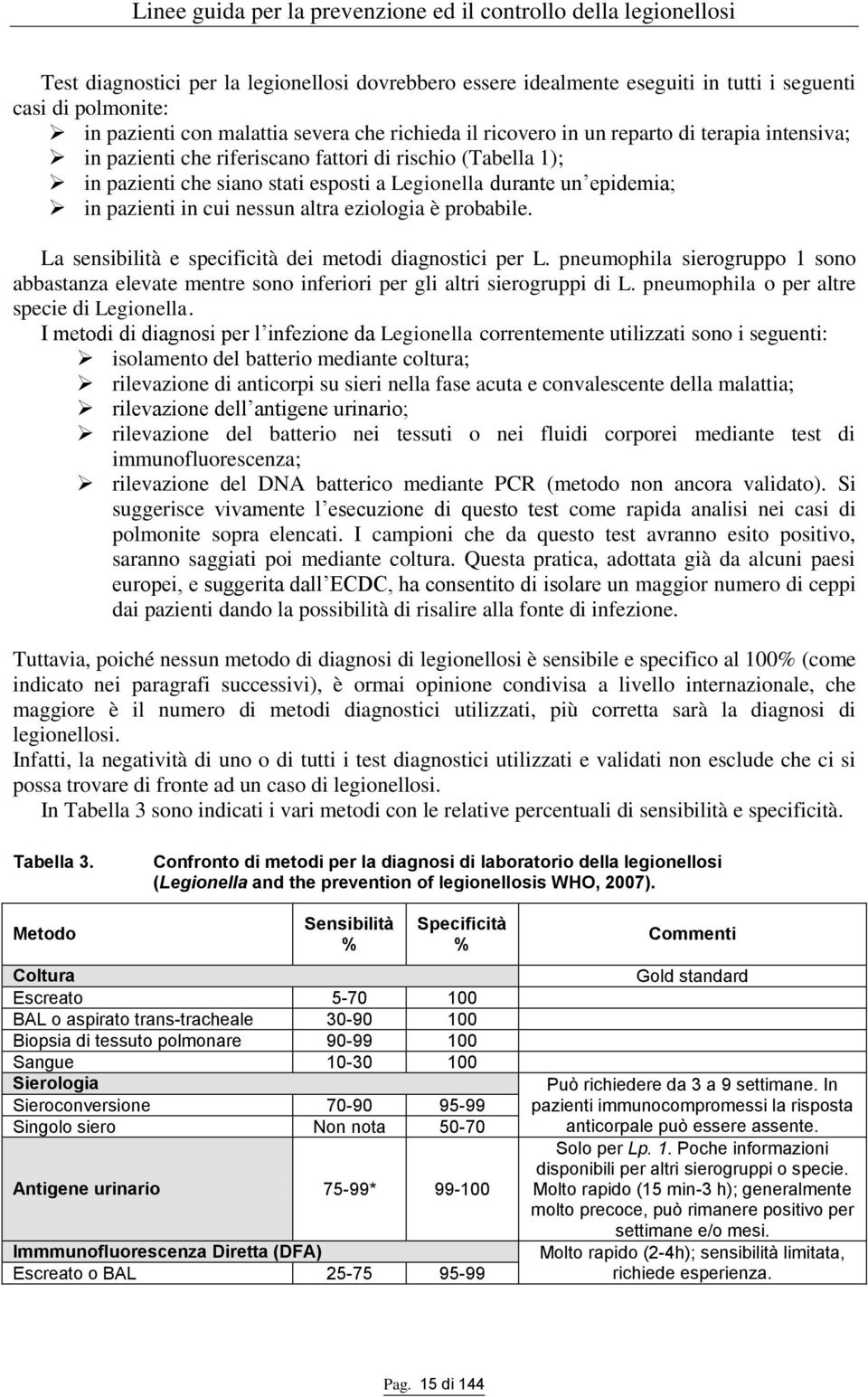 La sensibilità e specificità dei metodi diagnostici per L. pneumophila sierogruppo 1 sono abbastanza elevate mentre sono inferiori per gli altri sierogruppi di L.