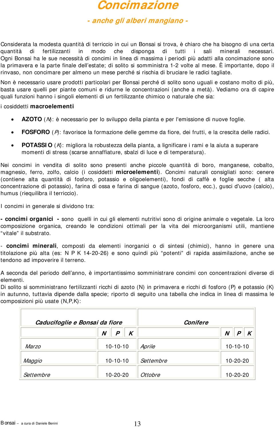 Ogni Bonsai ha le sue necessità di concimi in linea di massima i periodi più adatti alla concimazione sono la primavera e la parte finale dell estate; di solito si somministra 1-2 volte al mese.