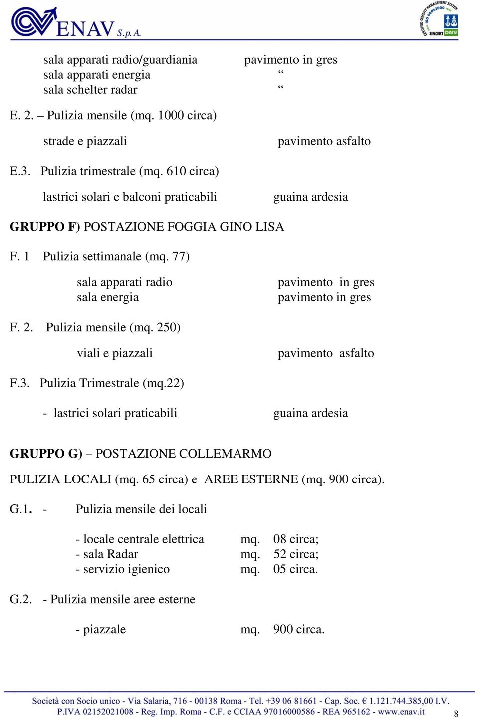 77) sala apparati radio sala energia pavimento in gres pavimento in gres F. 2. Pulizia mensile (mq. 250) viali e piazzali pavimento asfalto F.3. Pulizia Trimestrale (mq.