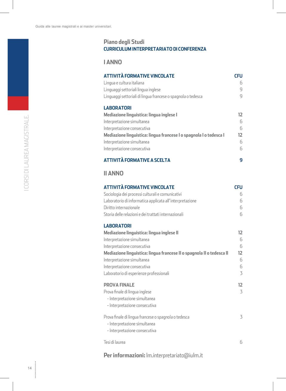 LABORATORI Mediazione linguistica: lingua inglese I 12 Interpretazione simultanea 6 Interpretazione consecutiva 6 Mediazione linguistica: lingua francese I o spagnola I o tedesca I 12 Interpretazione