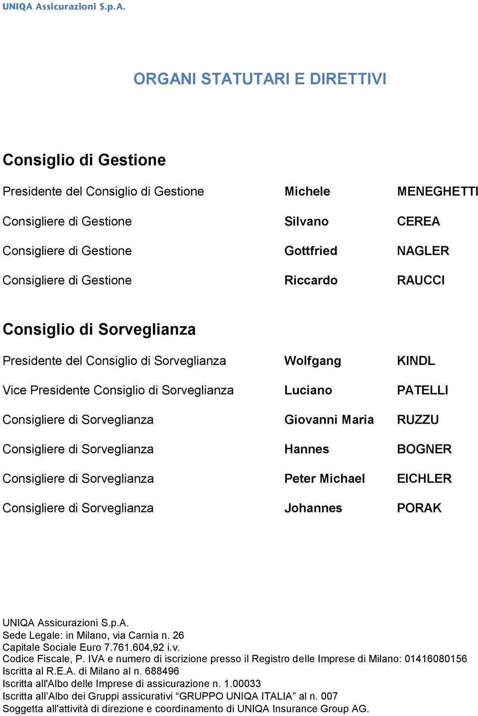 NAGLER Consigliere di Gestione Riccardo RAUCCI Consiglio di Sorveglianza Presidente del Consiglio di Sorveglianza Wolfgang KINDL Vice Presidente Consiglio di Sorveglianza Luciano PATELLI Consigliere