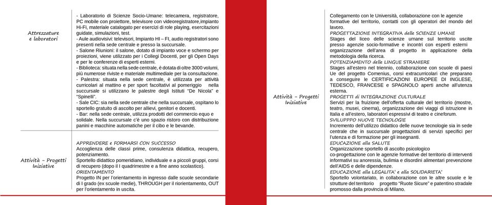 - Aule audiovisivi: televisori, Impianto HI FI, audio registratori sono presenti nella sede centrale e presso la succursale.