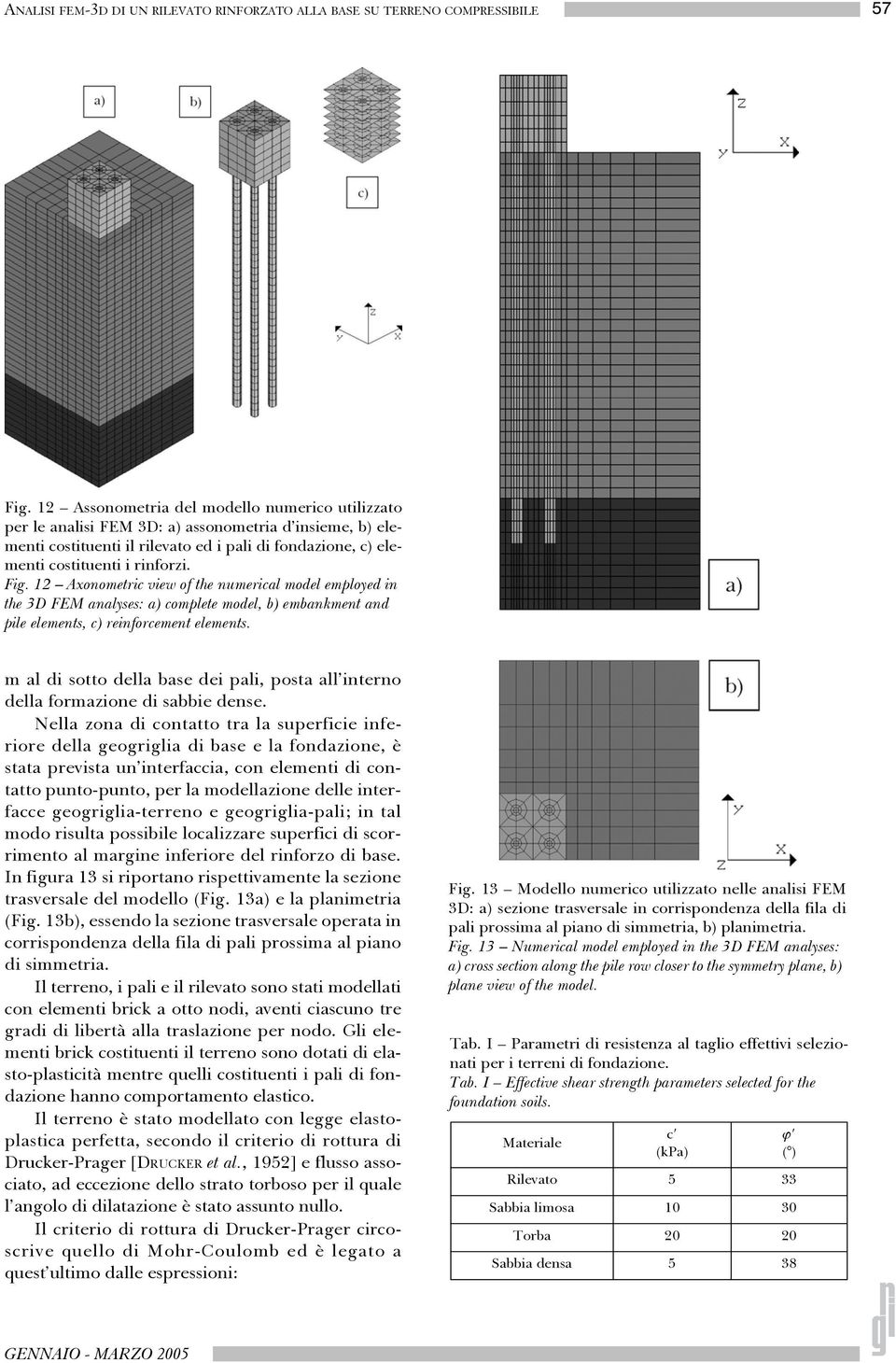 12 Axonometric view of the numerical model employed in the 3D FEM analyses: a) complete model, b) embankment and pile elements, c) reinforcement elements.