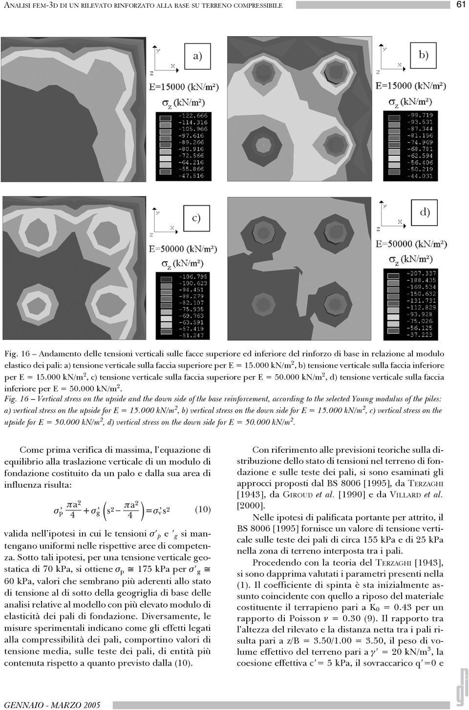 000 kn/m 2, b) tensione verticale sulla faccia inferiore per E = 15.000 kn/m 2, c) tensione verticale sulla faccia superiore per E = 50.