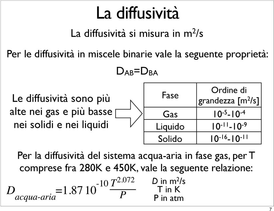 grandezza [m 2 /s] Gas 10-5 -10-4 Liquido 10-11 -10-9 Solido 10-16 -10-11 Per la diffusività del sistema