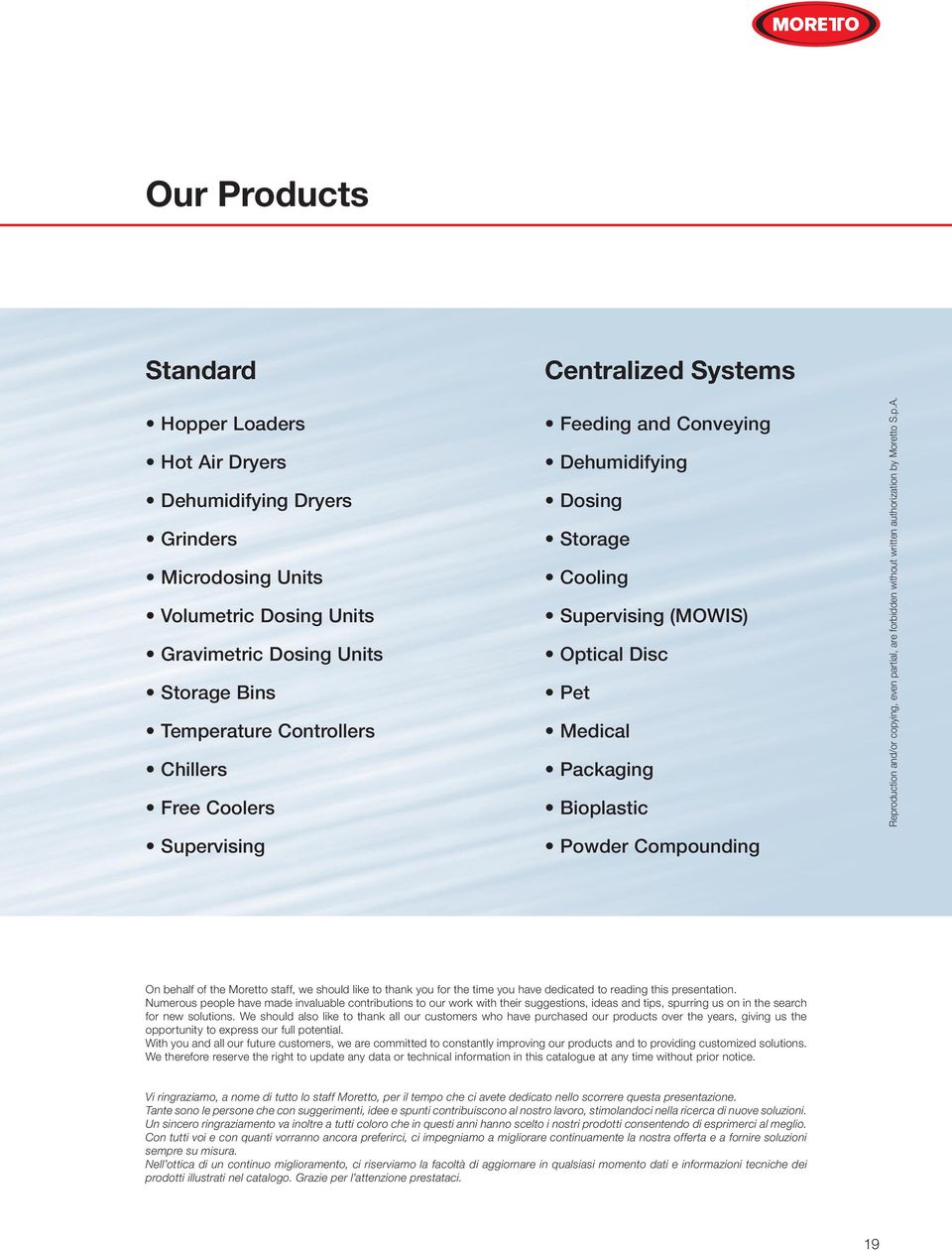 Reproduction and/or copying, even partial, are forbidden without written authorization by Moretto S.p.A.