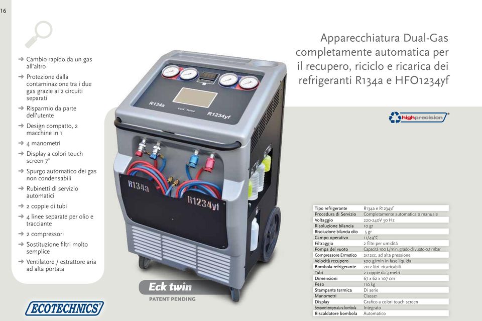 semplice Ventilatore / estrattore aria ad alta portata Eck twin PATENT PENDING Apparecchiatura Dual-Gas completamente automatica per il recupero, riciclo e ricarica dei refrigeranti R134a e HFO1234yf