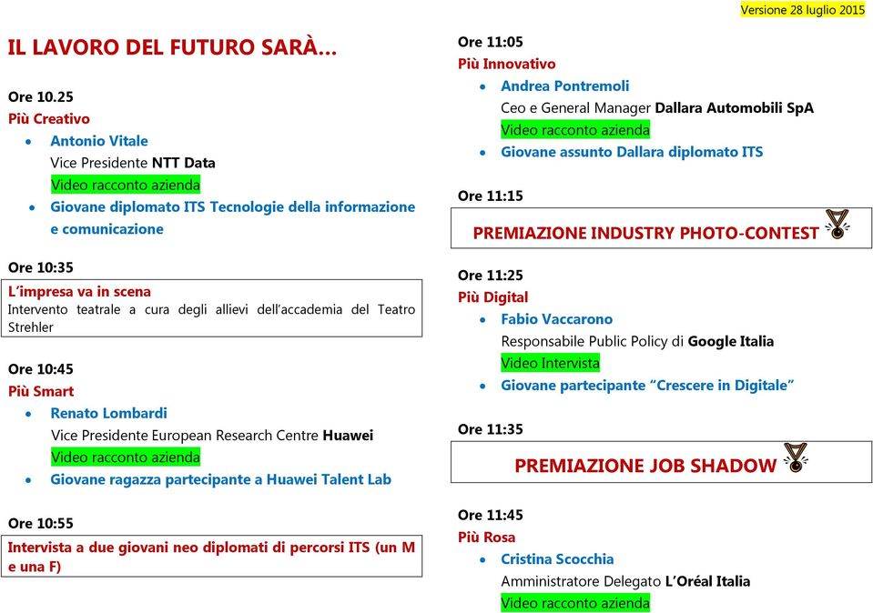 dell accademia del Teatro Strehler Ore 10:45 Più Smart Ore 10:55 Renato Lombardi Vice Presidente European Research Centre Huawei Giovane ragazza partecipante a Huawei Talent Lab Intervista a due