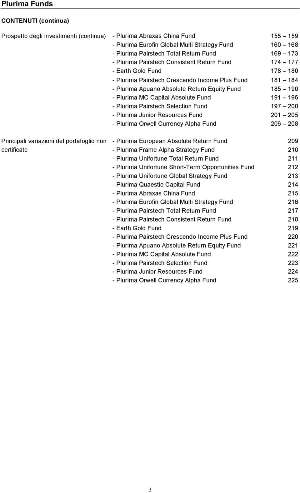 Capital Absolute Fund 191 196 - Plurima Pairstech Selection Fund 197 200 - Plurima Junior Resources Fund 201 205 - Plurima Orwell Currency Alpha Fund 206 208 Principali variazioni del portafoglio non