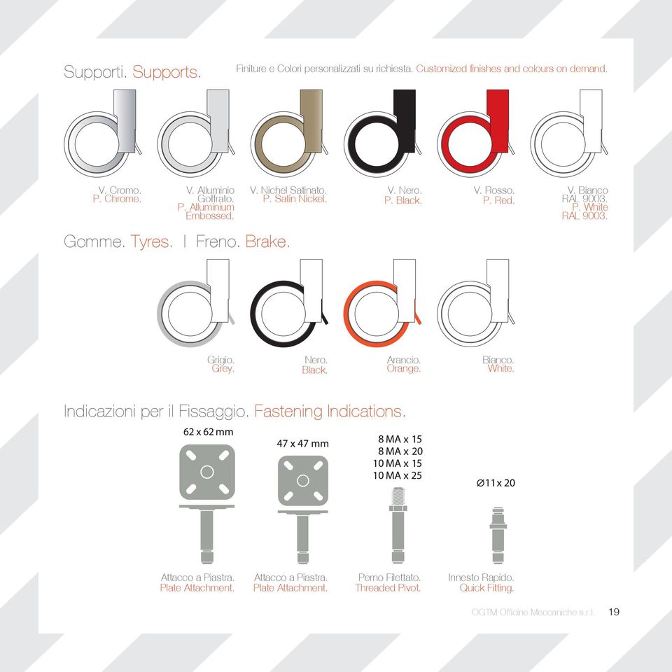 Freno. Brake. Grigio. Grey. Nero. Black. Arancio. Orange. Bianco. White. Indicazioni per il Fissaggio. Fastening Indications. Attacco a Piastra.