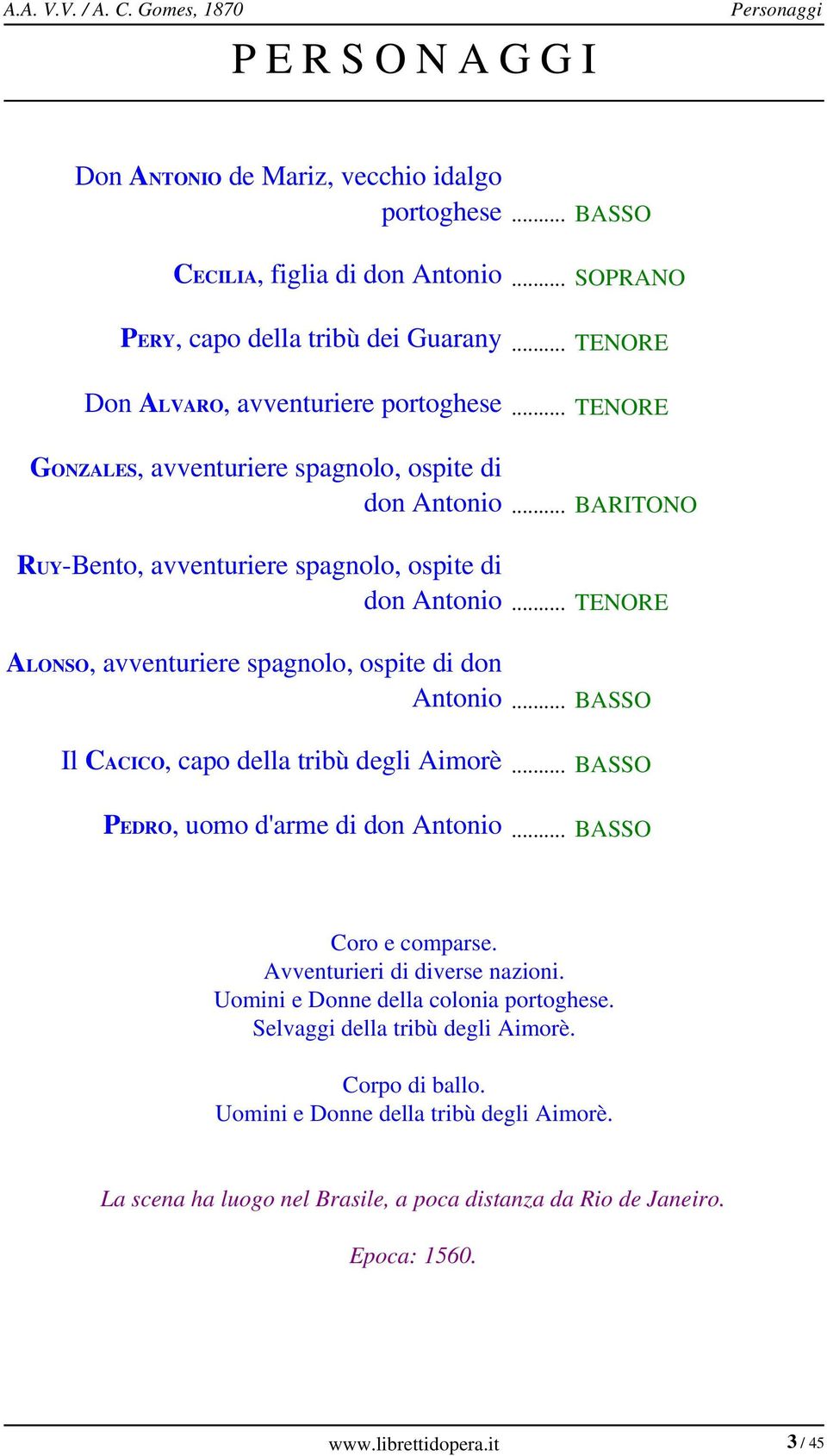 .. TENORE ALONSO, avventuriere spagnolo, ospite di don Antonio... BASSO Il, capo della tribù degli Aimorè... BASSO PEDRO, uomo d'arme di don Antonio... BASSO Coro e comparse.