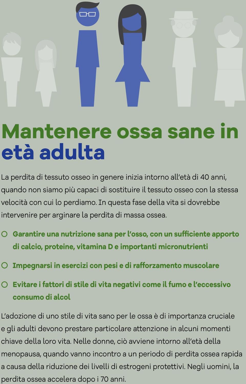 Garantire una nutrizione sana per l osso, con un sufficiente apporto di calcio, proteine, vitamina D e importanti micronutrienti Impegnarsi in esercizi con pesi e di rafforzamento muscolare Evitare i