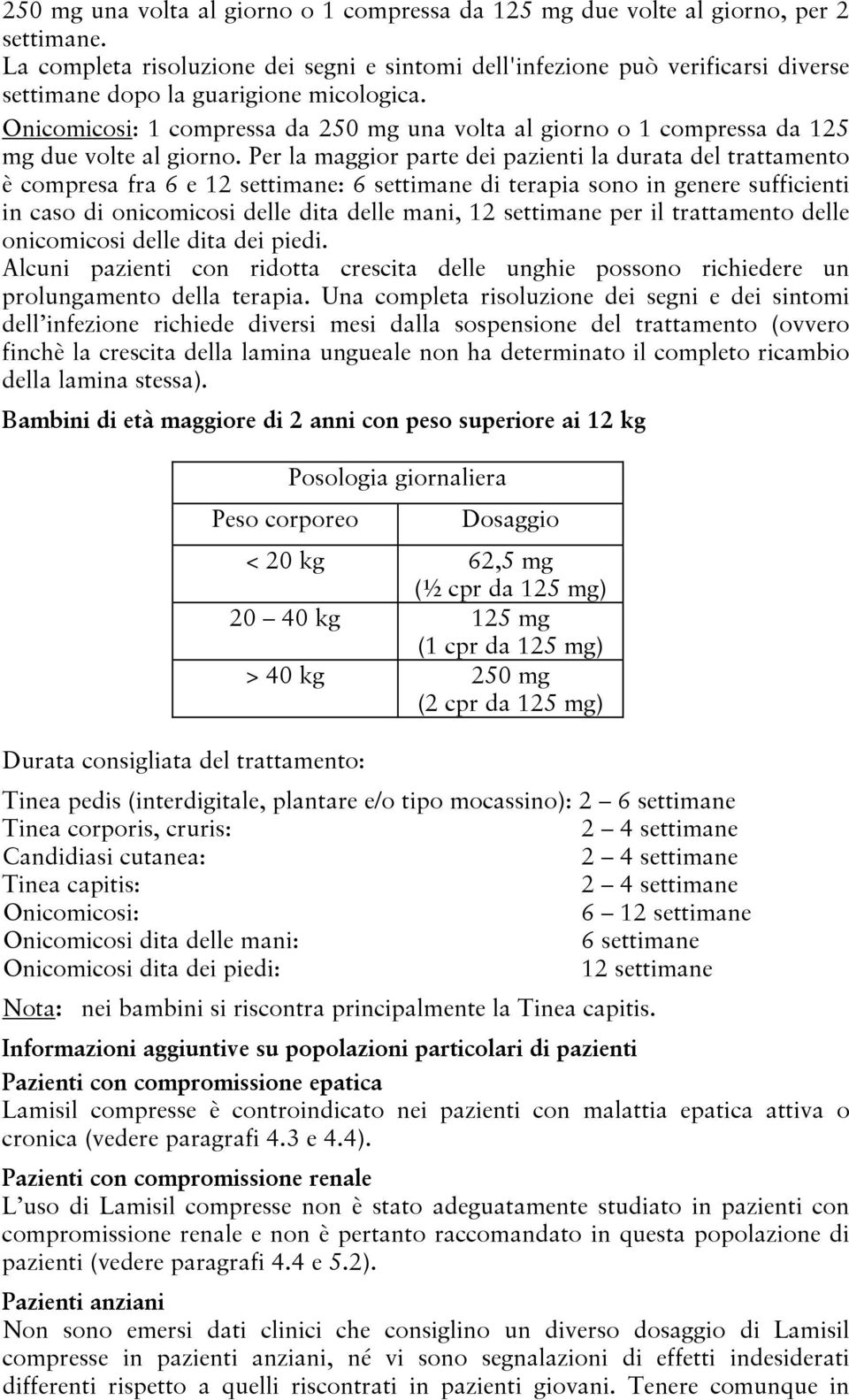 Onicomicosi: 1 compressa da 250 mg una volta al giorno o 1 compressa da 125 mg due volte al giorno.