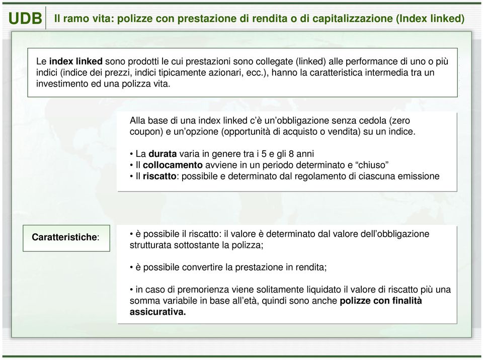 Alla base di una index linked c è un obbligazione senza cedola (zero coupon) e un opzione (opportunità di acquisto o vendita) su un indice.