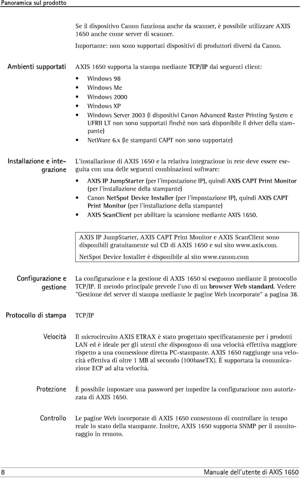 Ambienti supportati AXIS 1650 supporta la stampa mediante TCP/IP dai seguenti client: Windows 98 Windows Me Windows 2000 Windows XP Windows Server 2003 (i dispositivi Canon Advanced Raster Printing