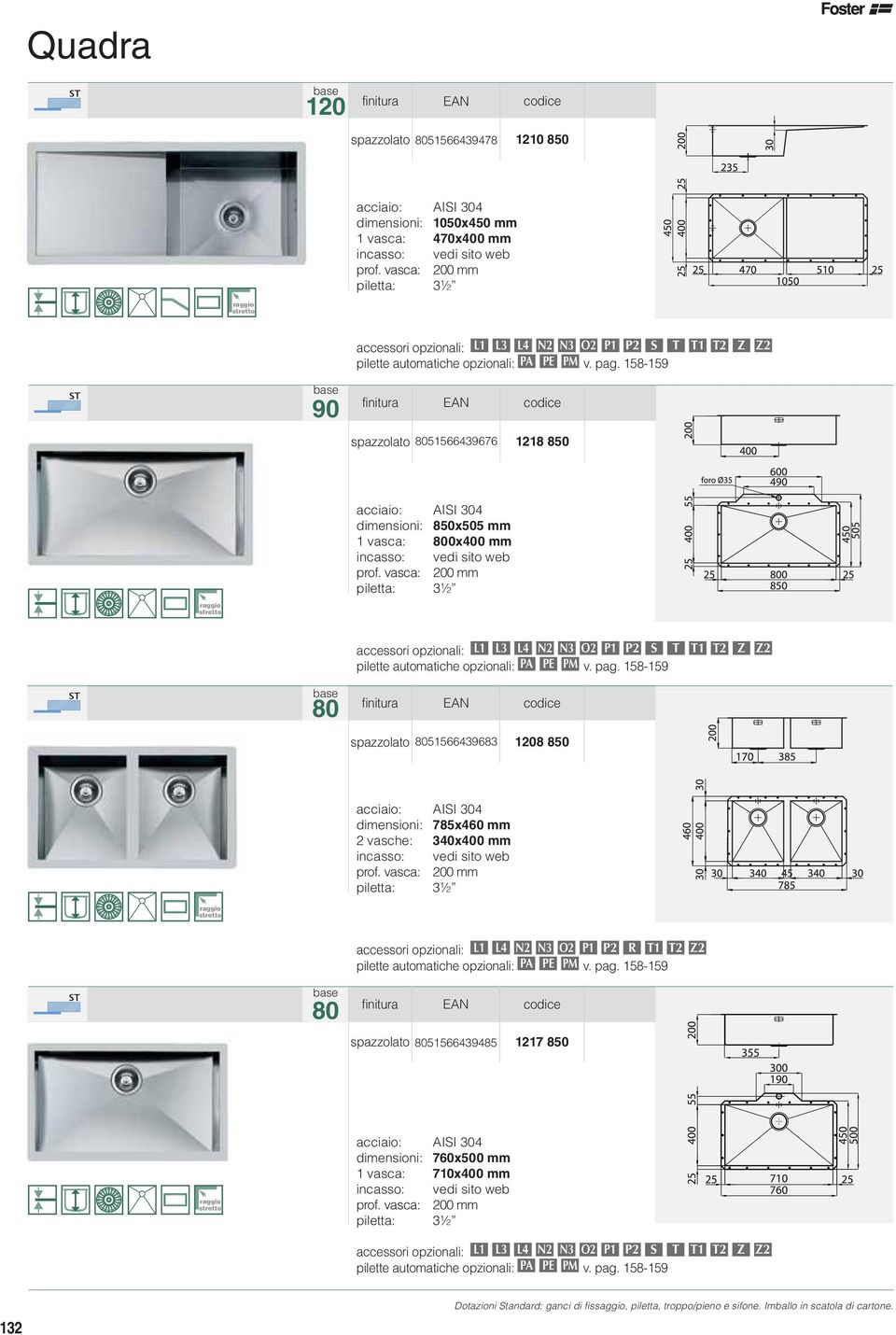 vasca: 200 mm 80 accessori opzionali: L1 L3 L4 N2 N3 O2 P1 P2 S T T1 T2 Z Z2 spazzolato 8051566439683 1208 850 dimensioni: 785x460 mm 2 vasche: 340x400 mm prof.