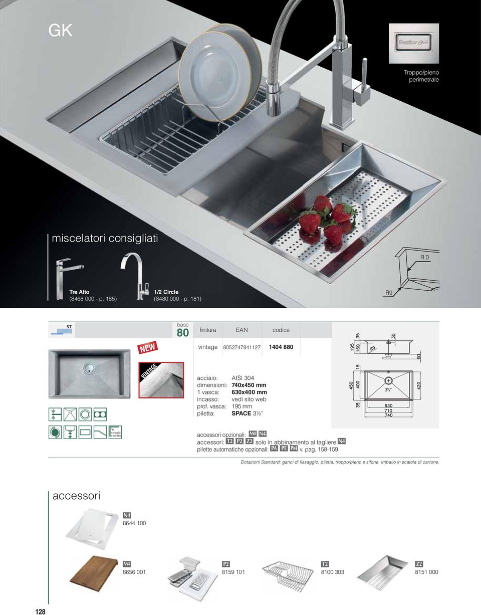 accessori opzionali: M4 N4 accessori: T2 P2 Z2 solo in abbinamento al tagliere N4 Dotazioni Standard: ganci di