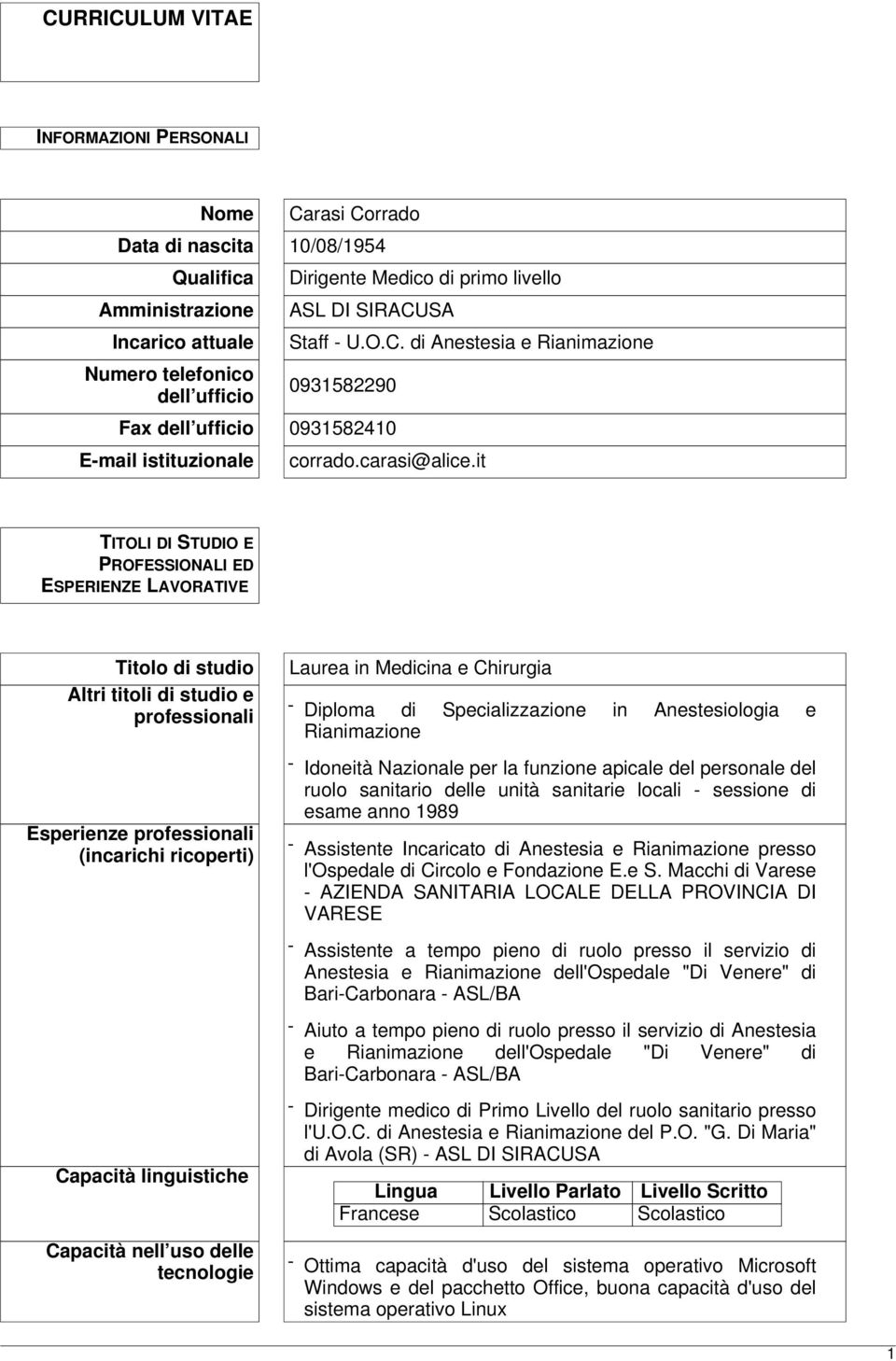 it TITOLI DI STUDIO E PROFESSIONALI ED ESPERIENZE LAVORATIVE Titolo di studio Altri titoli di studio e professionali Esperienze professionali (incarichi ricoperti) Laurea in Medicina e Chirurgia -