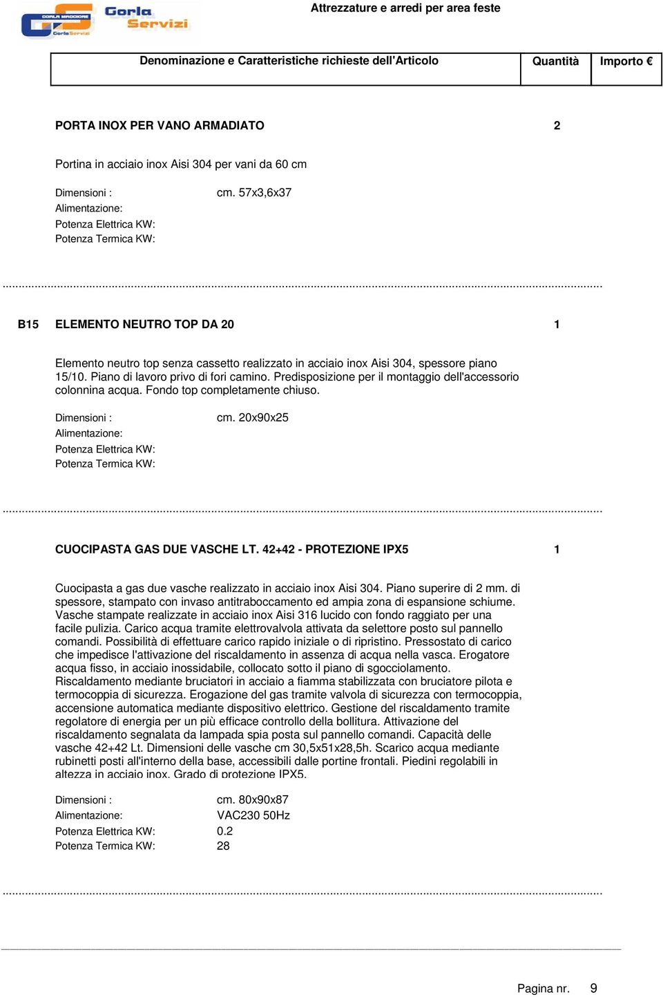 Predisposizione per il montaggio dell'accessorio colonnina acqua. Fondo top completamente chiuso. cm. 20x90x25 CUOCIPASTA GAS DUE VASCHE LT.