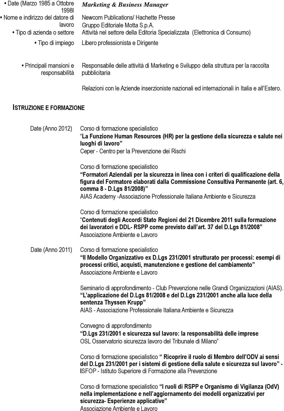 Attività nel settore della Editoria Specializzata (Elettronica di Consumo) Libero professionista e Dirigente Principali mansioni e responsabilità Responsabile delle attività di Marketing e Sviluppo