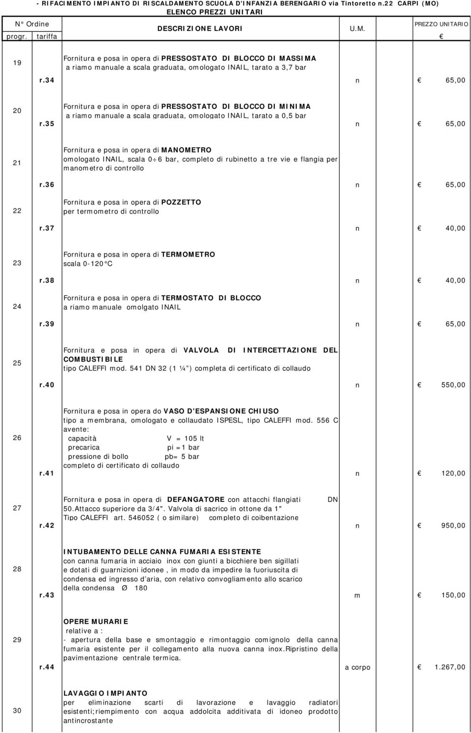 35 n 65,00 21 Fornitura e posa in opera di MANOMETRO omologato INAIL, scala 0 6 bar, completo di rubinetto a tre vie e flangia per manometro di controllo r.