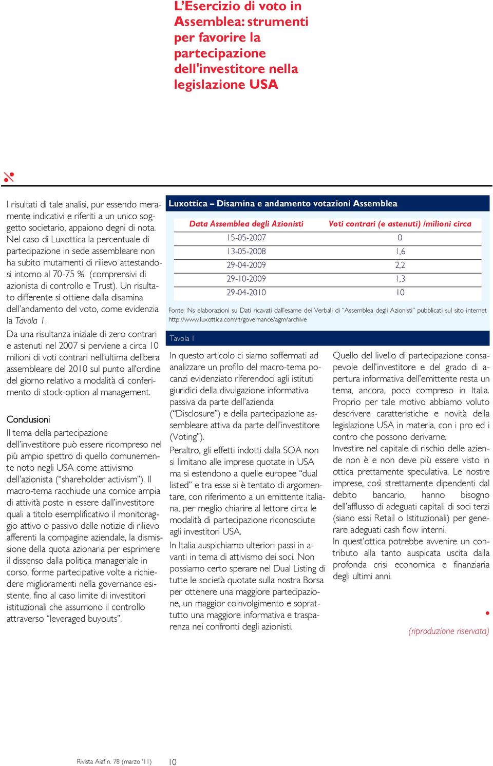 Nel caso di Luxottica la percentuale di partecipazione in sede assembleare non ha subito mutamenti di rilievo attestandosi intorno al 70-75 % (comprensivi di azionista di controllo e Trust).