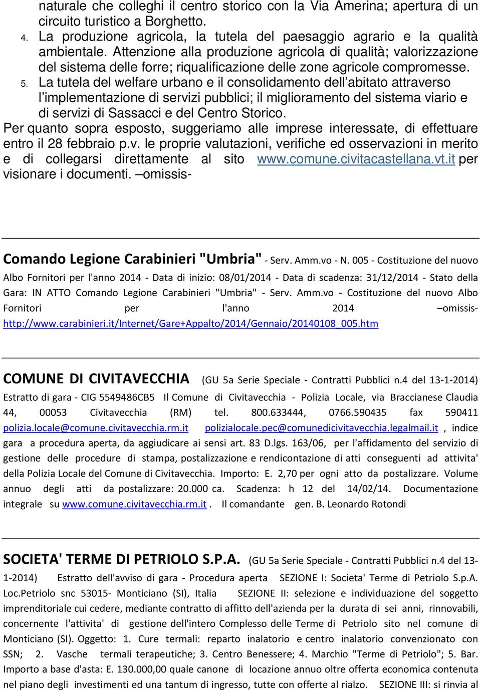 La tutela del welfare urbano e il consolidamento dell abitato attraverso l implementazione di servizi pubblici; il miglioramento del sistema viario e di servizi di Sassacci e del Centro Storico.