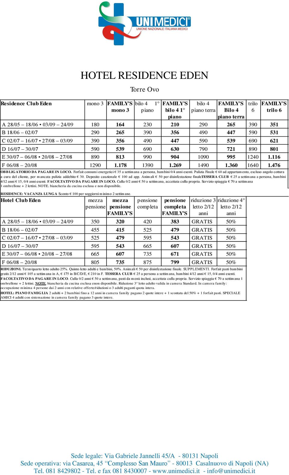 476 Hotel Club Eden mono 3 bilo 4 1 piano bilo 4 1 piano bilo 4 piano terra Bilo 4 piano terra A 28/5 18/6 3/9 24/9 35 32 42 383 GRATIS 5% B 18/6 2/7 455 415 525 479 GRATIS 5% C 2/7 16/7 27/8 3/9 525