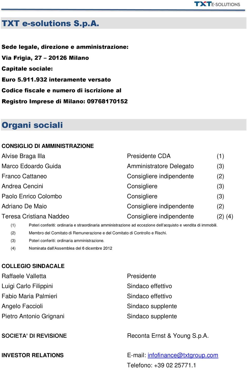 Guida Amministratore Delegato (3) Franco Cattaneo Consigliere indipendente (2) Andrea Cencini Consigliere (3) Paolo Enrico Colombo Consigliere (3) Adriano De Maio Consigliere indipendente (2) Teresa