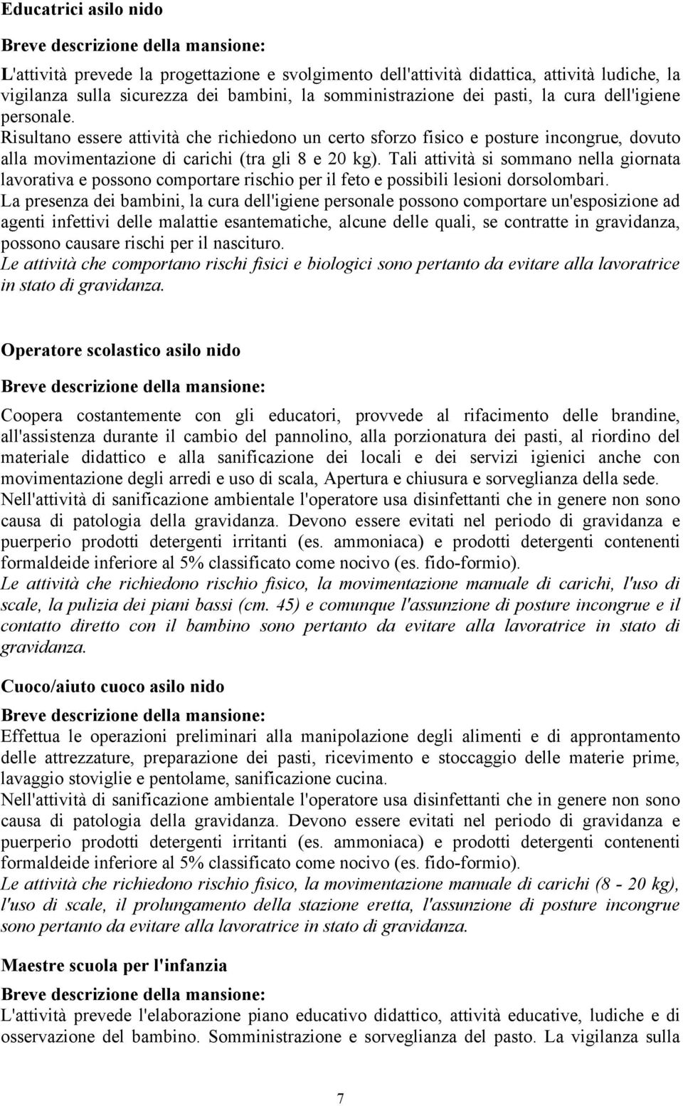 Risultano essere attività che richiedono un certo sforzo fisico e posture incongrue, dovuto alla movimentazione di carichi (tra gli 8 e 20 kg).