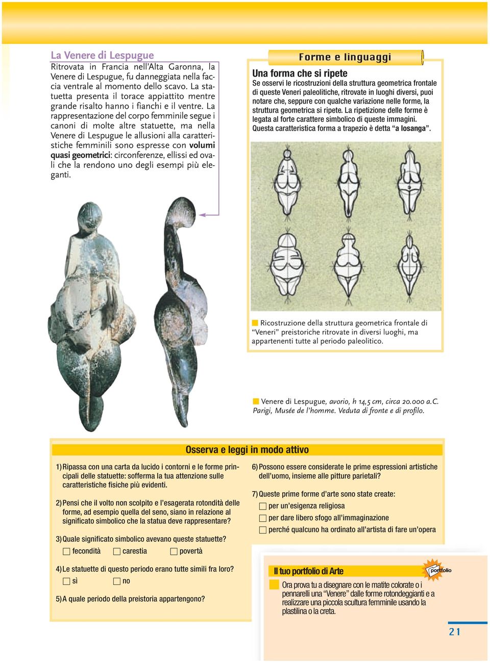 La rappresentazione del corpo femminile segue i canoni di molte altre statuette, ma nella Venere di Lespugue le allusioni alla caratteristiche femminili sono espresse con volumi quasi geometrici: