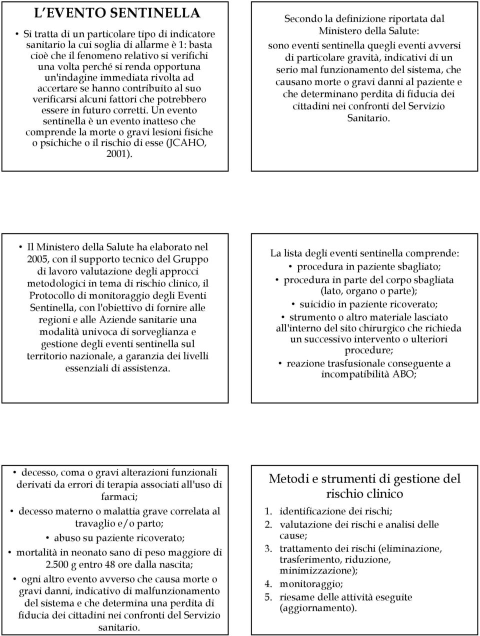 Un evento sentinella è un evento inatteso che comprende la morte o gravi lesioni fisiche o psichiche o il rischio di esse (JCAHO, 2001).