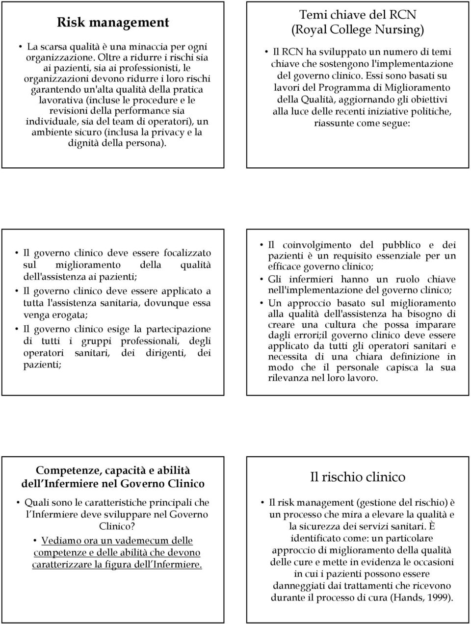 revisioni della performance sia individuale, sia del team di operatori), un ambiente sicuro (inclusa la privacy e la dignità della persona).