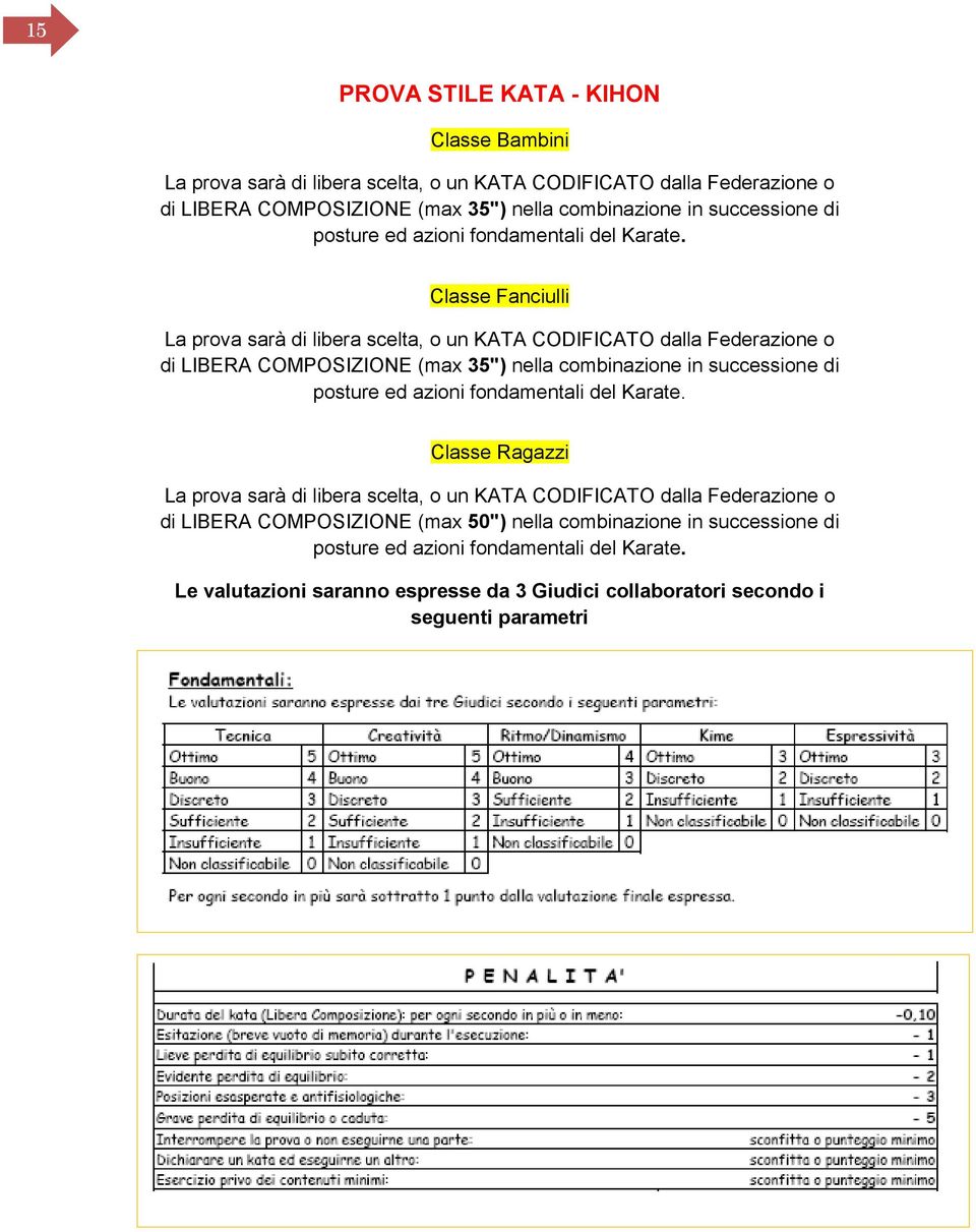 Classe Fanciulli La prova sarà di libera scelta, o un KATA CODIFICATO dalla Federazione o di LIBERA COMPOSIZIONE (max 35") nella combinazione in  Classe Ragazzi La prova sarà di