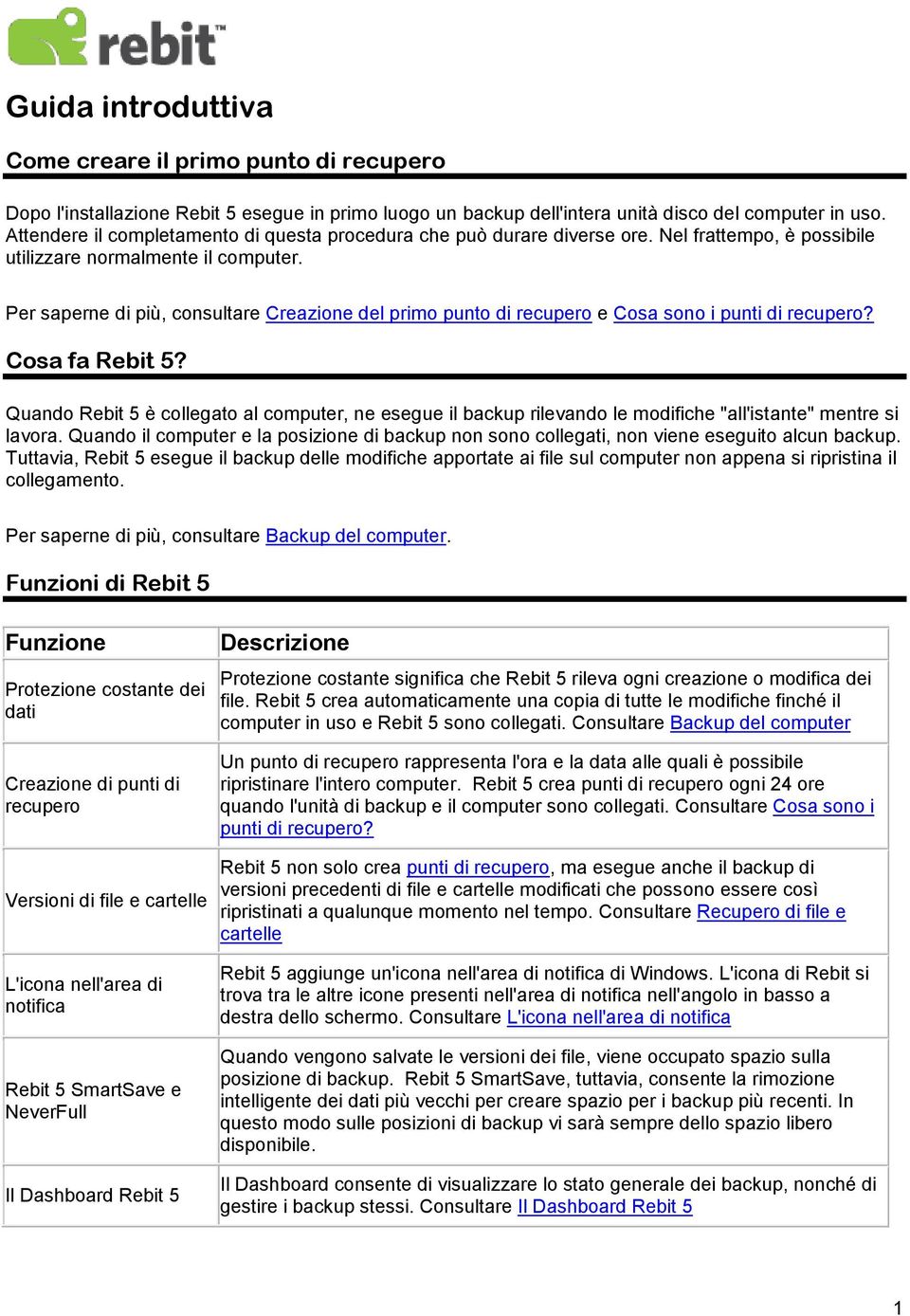 Per saperne di più, consultare Creazione del primo punto di recupero e Cosa sono i punti di recupero? Cosa fa Rebit 5?
