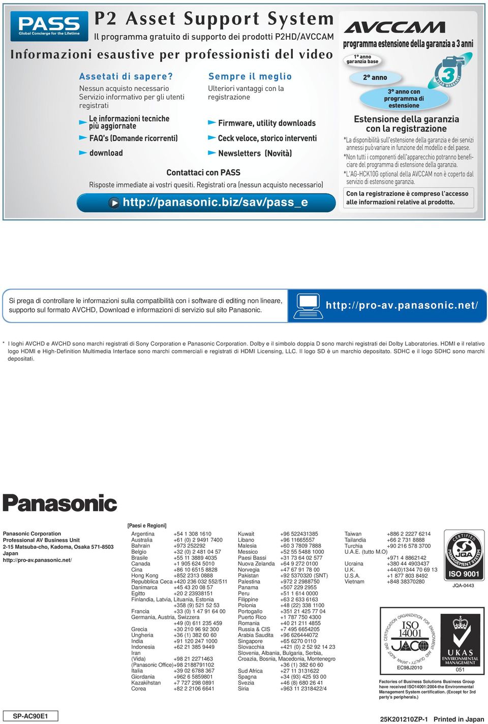 Si prega di controllare le informazioni sulla compatibilità con i software di editing non lineare, supporto sul formato AVCHD, Download e informazioni di servizio sul sito Panasonic. http://pro-av.