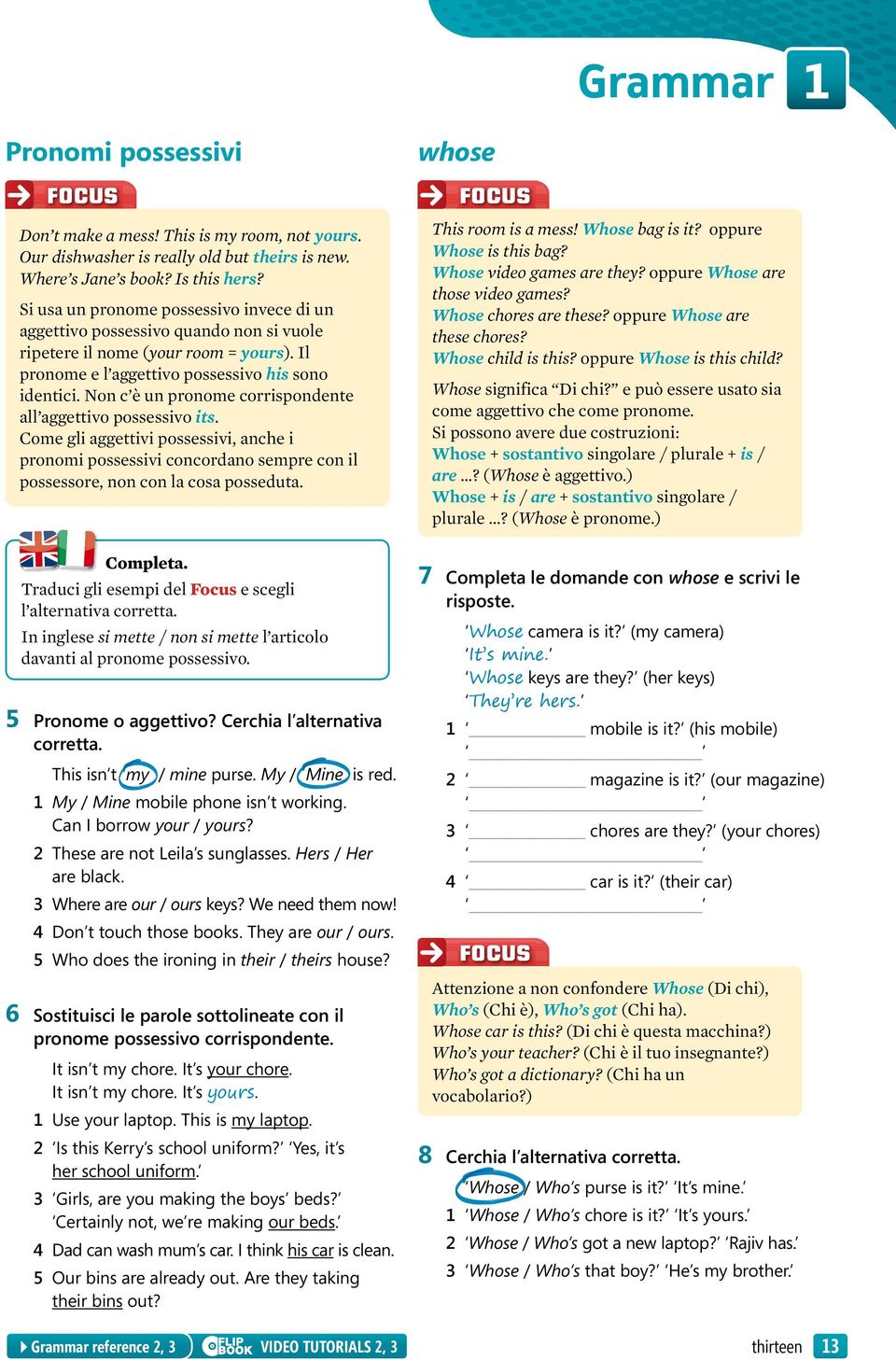 Non c è un pronome corrispondente all aggettivo possessivo its. Come gli aggettivi possessivi, anche i pronomi possessivi concordano sempre con il possessore, non con la cosa posseduta. Completa.