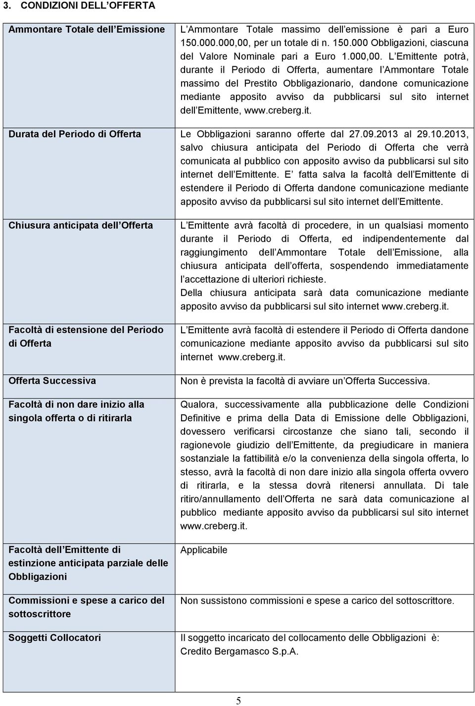 L Emittente potrà, durante il Periodo di Offerta, aumentare l Ammontare Totale massimo del Prestito Obbligazionario, dandone comunicazione mediante apposito avviso da pubblicarsi sul sito internet