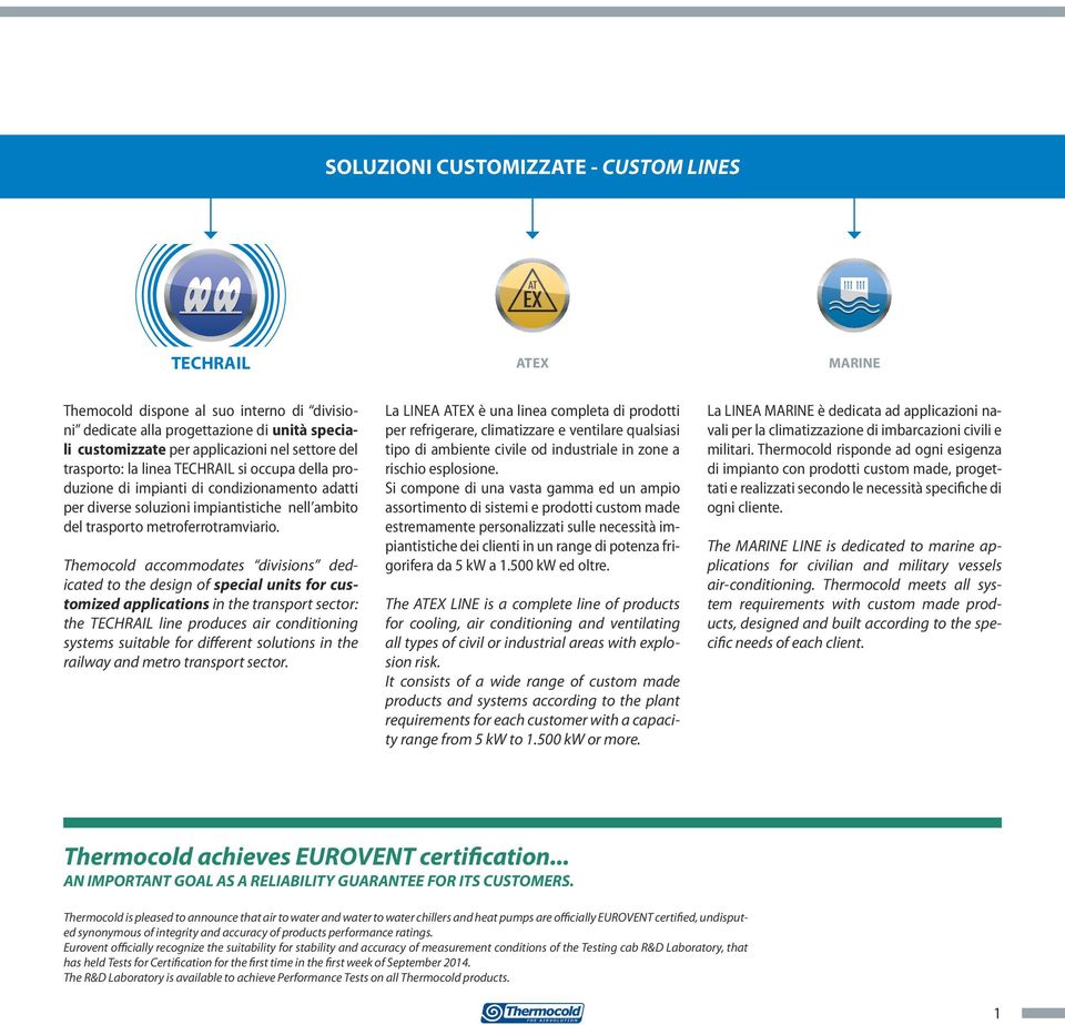 Themocold accommodates divisions dedicated to the design of special units for customized applications in the transport sector: the TECHRAIL line produces air conditioning systems suitable for