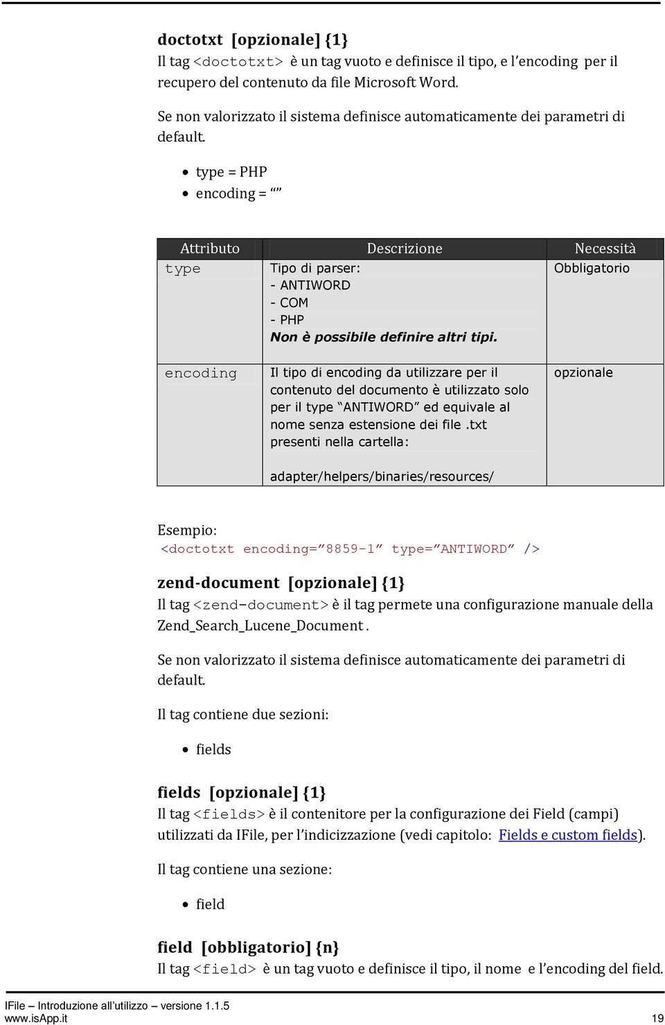 type = PHP encoding = Attributo Descrizione Necessità type Obbligatorio Tipo di parser: - ANTIWORD - COM - PHP Non è possibile definire altri tipi.
