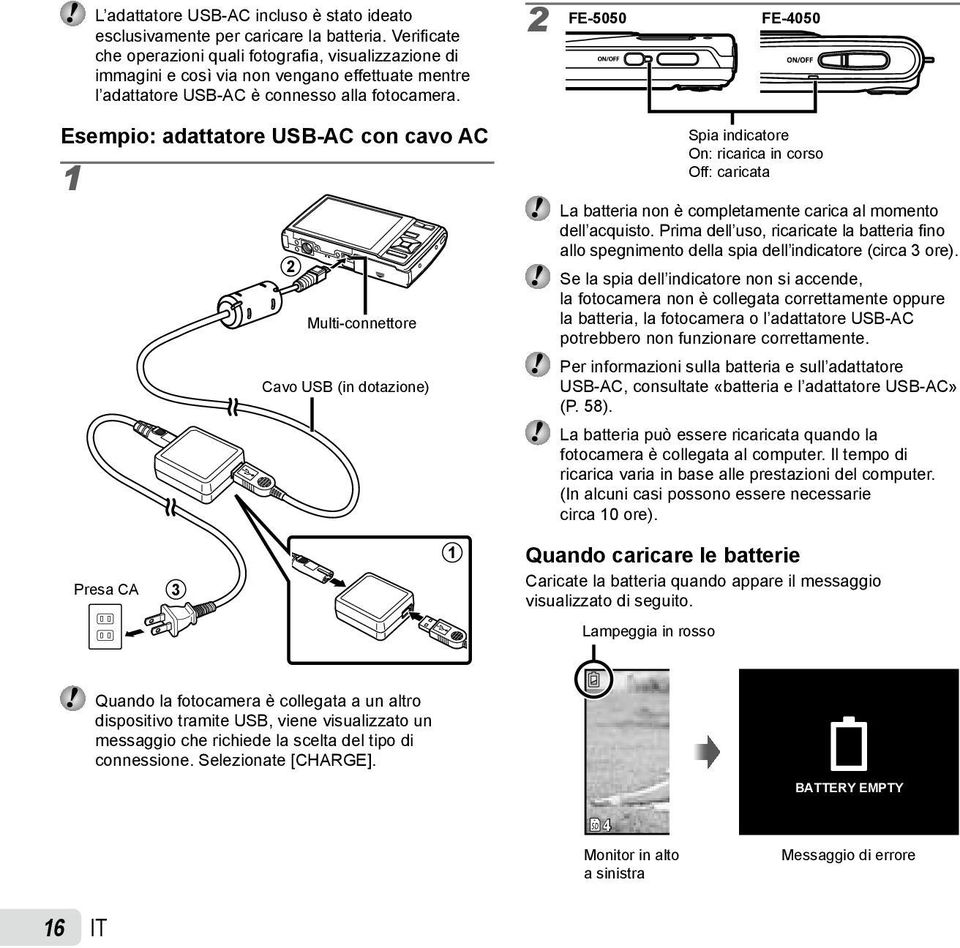 2 FE-5050 FE-4050 Esempio: adattatore USB-AC con cavo AC 1 2 Multi-connettore Cavo USB (in dotazione) Spia indicatore On: ricarica in corso Off: caricata La batteria non è completamente carica al