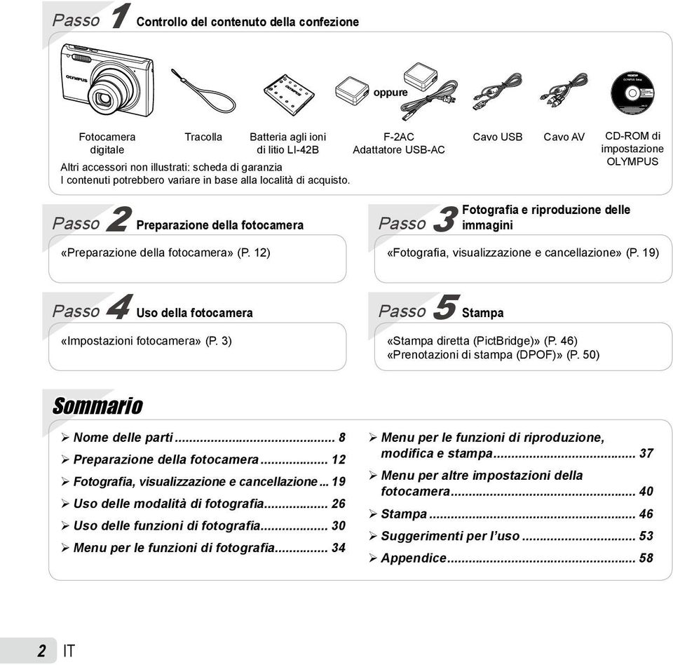 Passo 2 Preparazione della fotocamera F-2AC Adattatore USB-AC Cavo USB Cavo AV CD-ROM di impostazione OLYMPUS Fotografia e riproduzione delle Passo 3 immagini «Preparazione della fotocamera» (P.