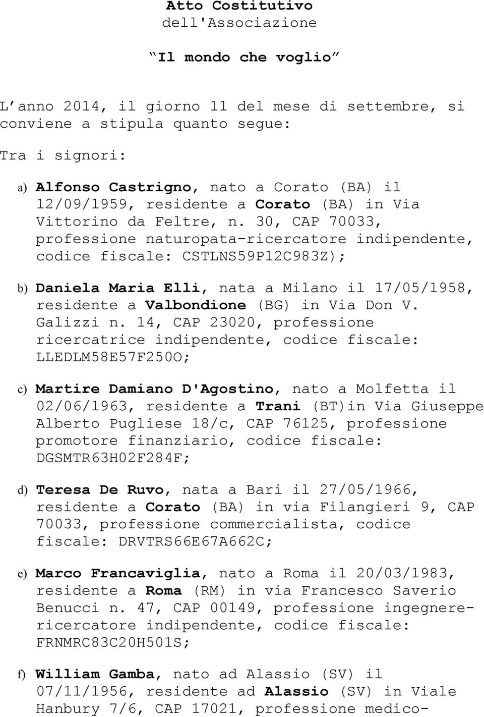 30, CAP 70033, professione naturopata-ricercatore indipendente, codice fiscale: CSTLNS59P12C983Z); b) Daniela Maria Elli, nata a Milano il 17/05/1958, residente a Valbondione (BG) in Via Don V.
