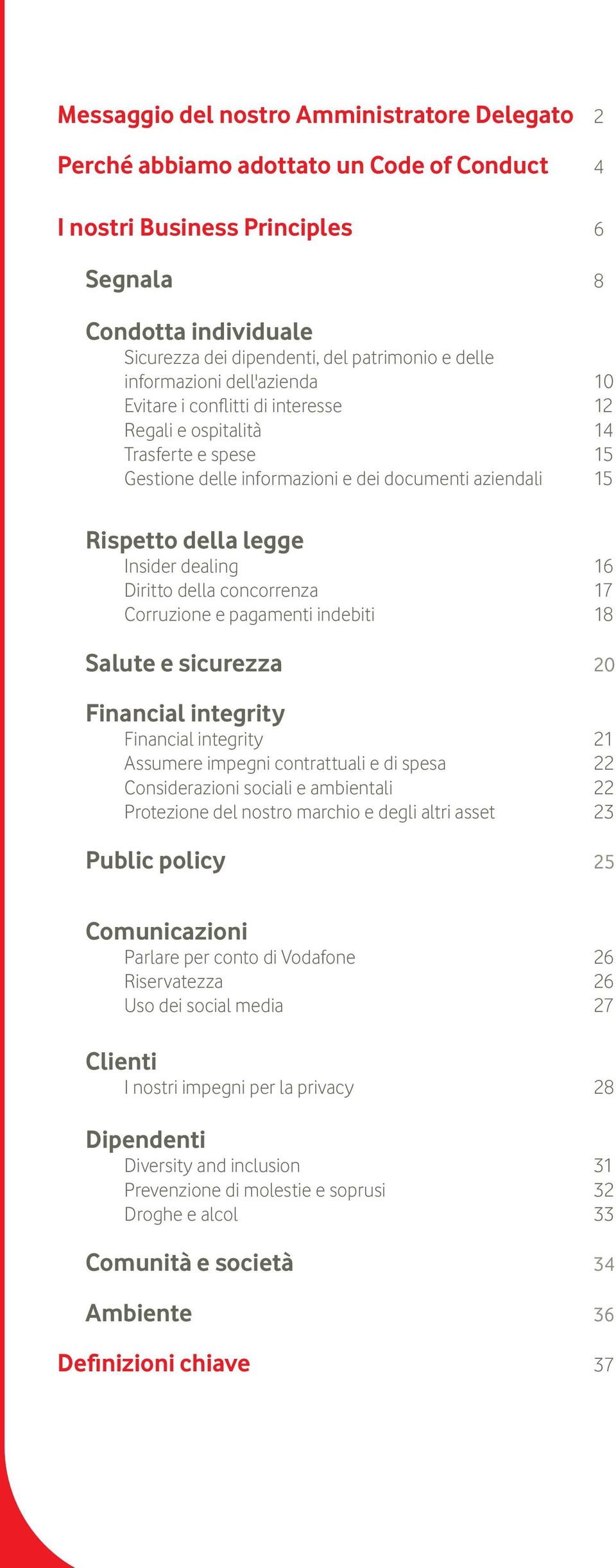 15 Rispetto della legge Insider dealing 16 Diritto della concorrenza 17 Corruzione e pagamenti indebiti 18 Salute e sicurezza 20 Financial integrity Financial integrity 21 Assumere impegni