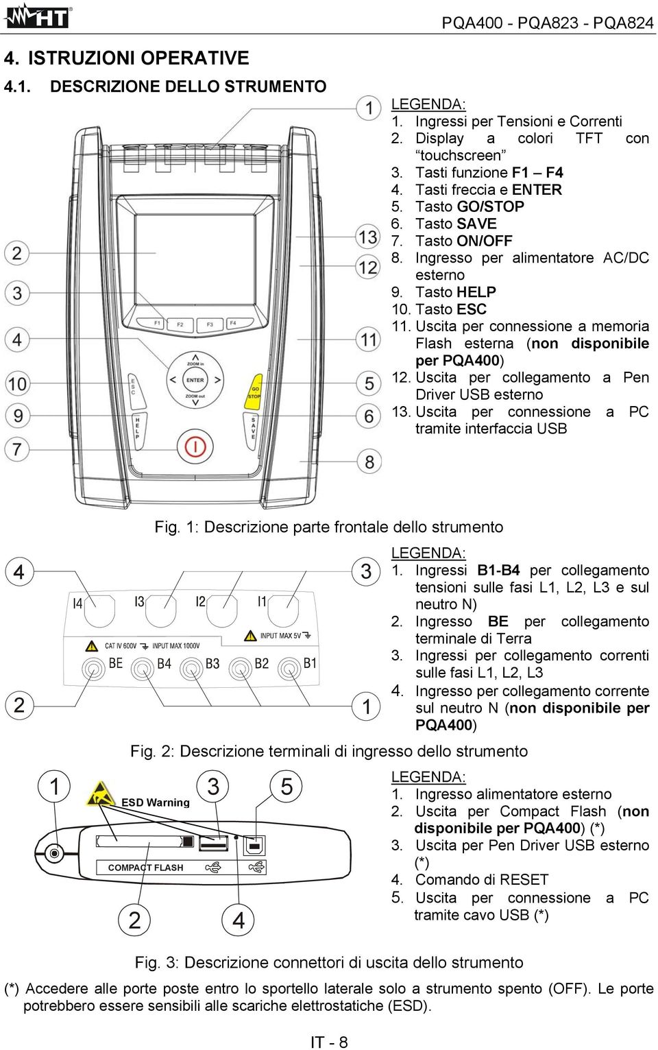 Uscita per collegamento a Pen Driver USB esterno 13. Uscita per connessione a PC tramite interfaccia USB 4 2 1 Fig. 1: Descrizione parte frontale dello strumento 3 1 LEGENDA: 1.