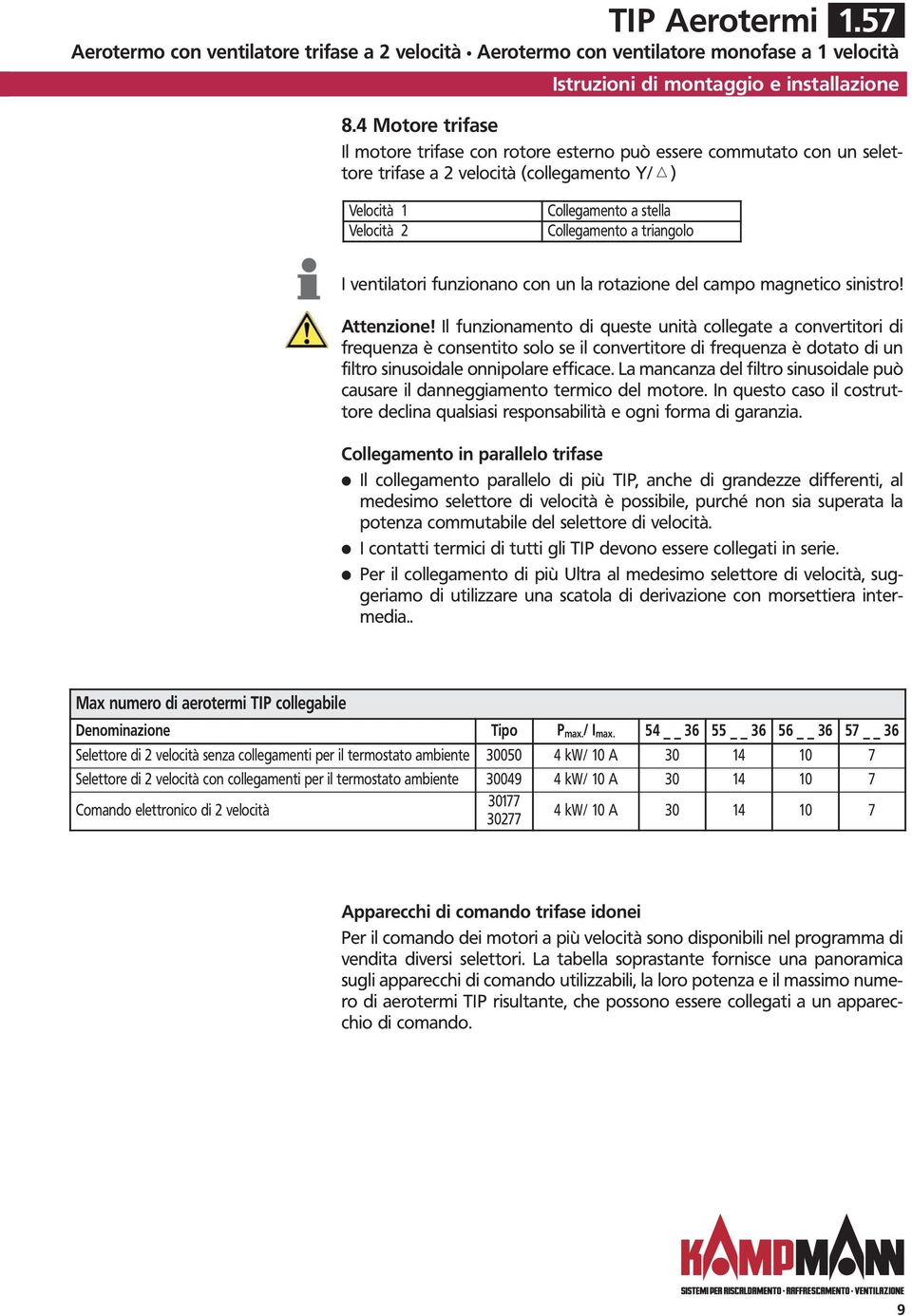 triangolo I ventilatori funzionano con un la rotazione del campo magnetico sinistro! Attenzione!