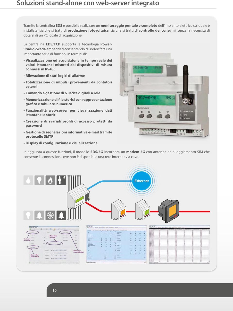 La centralina EDS/TCP supporta la tecnologia Power- Studio-Scada embedded consentendo di soddisfare una importante serie di funzioni in termini di: Visualizzazione ed acquisizione in tempo reale dei